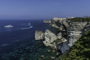 Pemilik kedai, Bonifacio, pantai, Corsica, Perancis, batu, laut, kapal pesiar