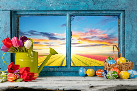 장식, 부활절, 달걀, 꽃들, 행복, 봄, 튤립, 창문