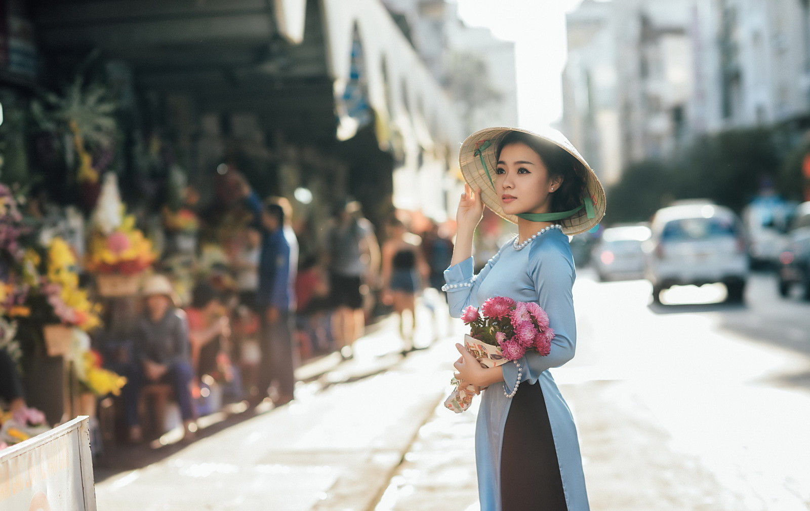 đường phố, con gái, những bông hoa, Châu Á