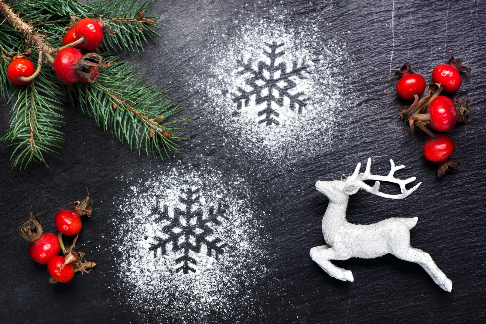 kepingan salju, Selamat Natal, cabang, merapikan, rusa, beri