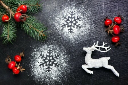 ベリー, ブランチ, 鹿, メリークリスマス, 雪片, スプルース