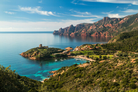 Teluk, pantai, Corsica, benteng, Perancis, rumah, gunung, batu