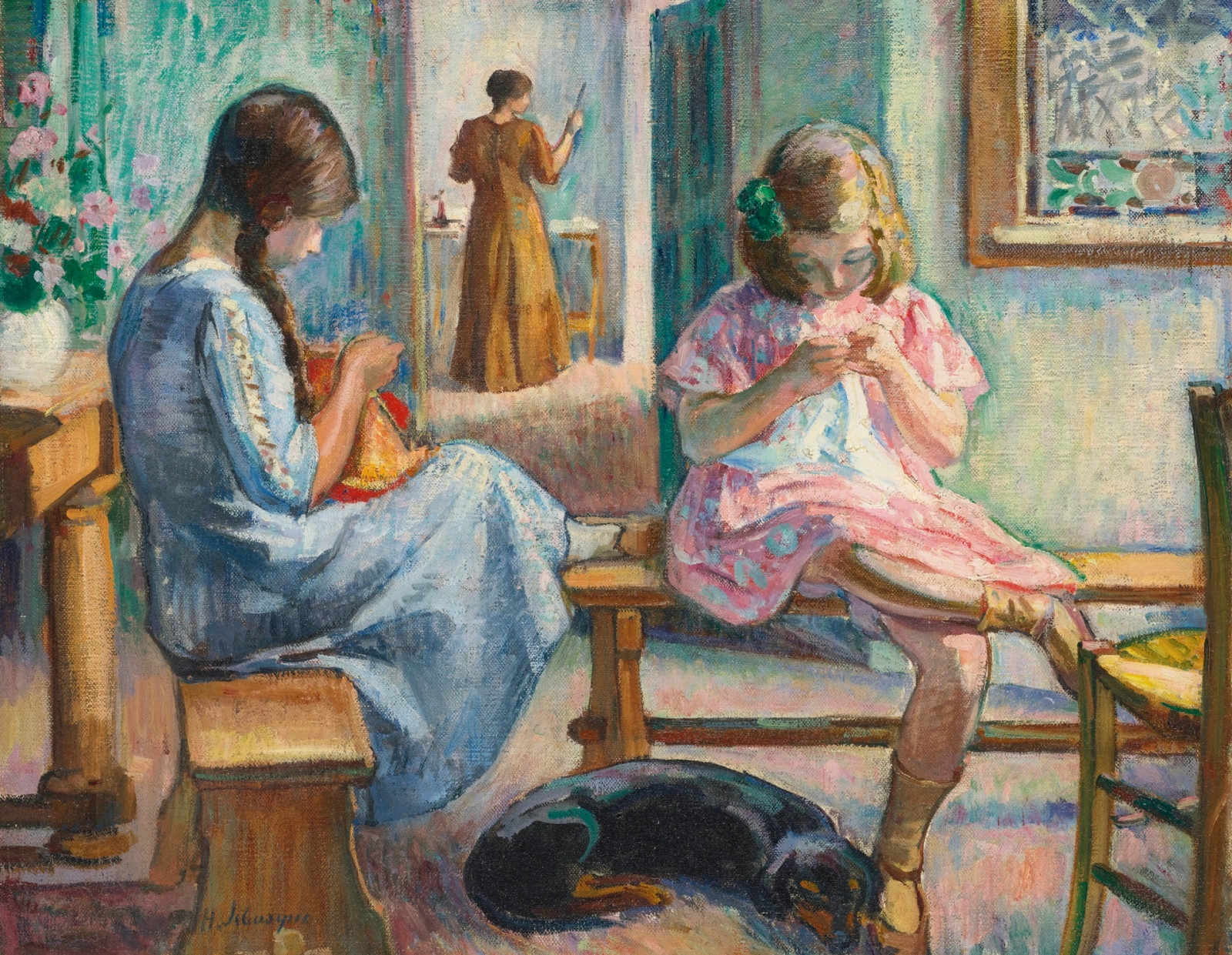 狗, 女孩, 图片, 房间, 类型, 亨利·勒巴克（Henri Lebacq）, 缝纫女孩