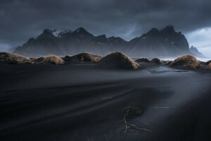 黒い砂, 雲, 草, アイスランド, 山, Stockksness, 空, ヴェストラホルン
