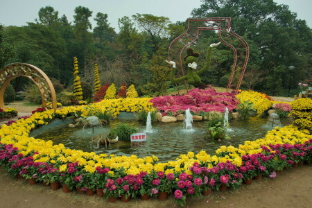 아치, 중국, 화려한, 디자인, 꽃들, 분수, 항저우 식물원, 공원