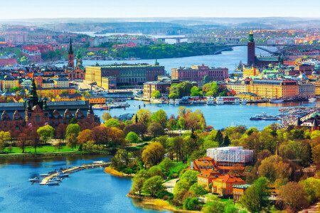 kapal, jembatan, rumah, pemandangan, panorama, sungai, stockholm, Swedia