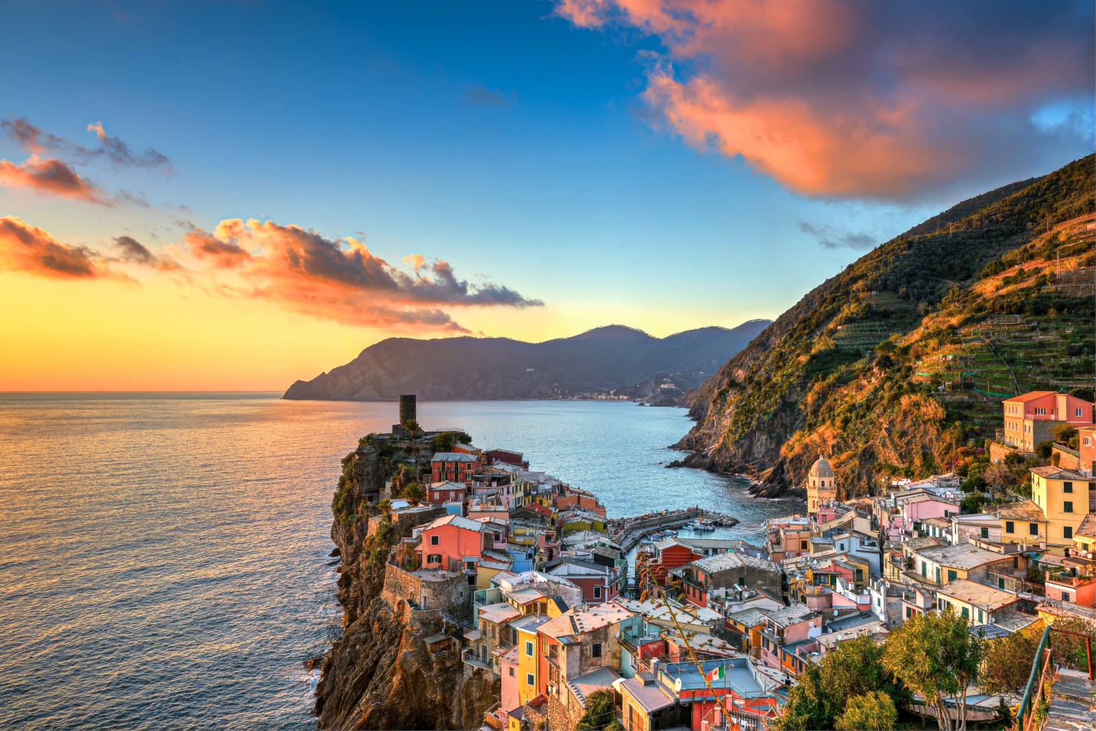 พระอาทิตย์ตกดิน, ทะเล, ภูเขา, อิตาลี, อาคาร, ชายฝั่ง, Liguria, Cinque Terre