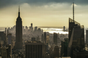 アメリカ, 夜明け, 朝, ニューヨーク, 超高層ビル, ニューヨーク州, 米国
