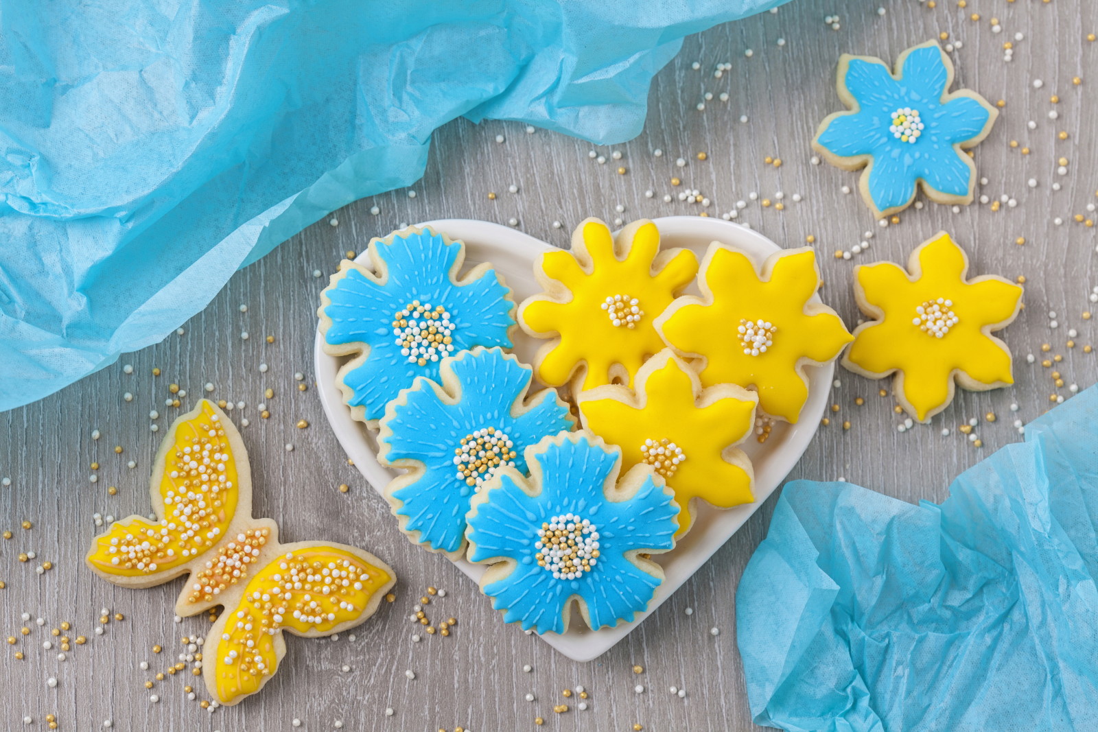 蓝色, 蝴蝶, 花卉, 心, 饼干, 盘子, 蛋糕, 甜