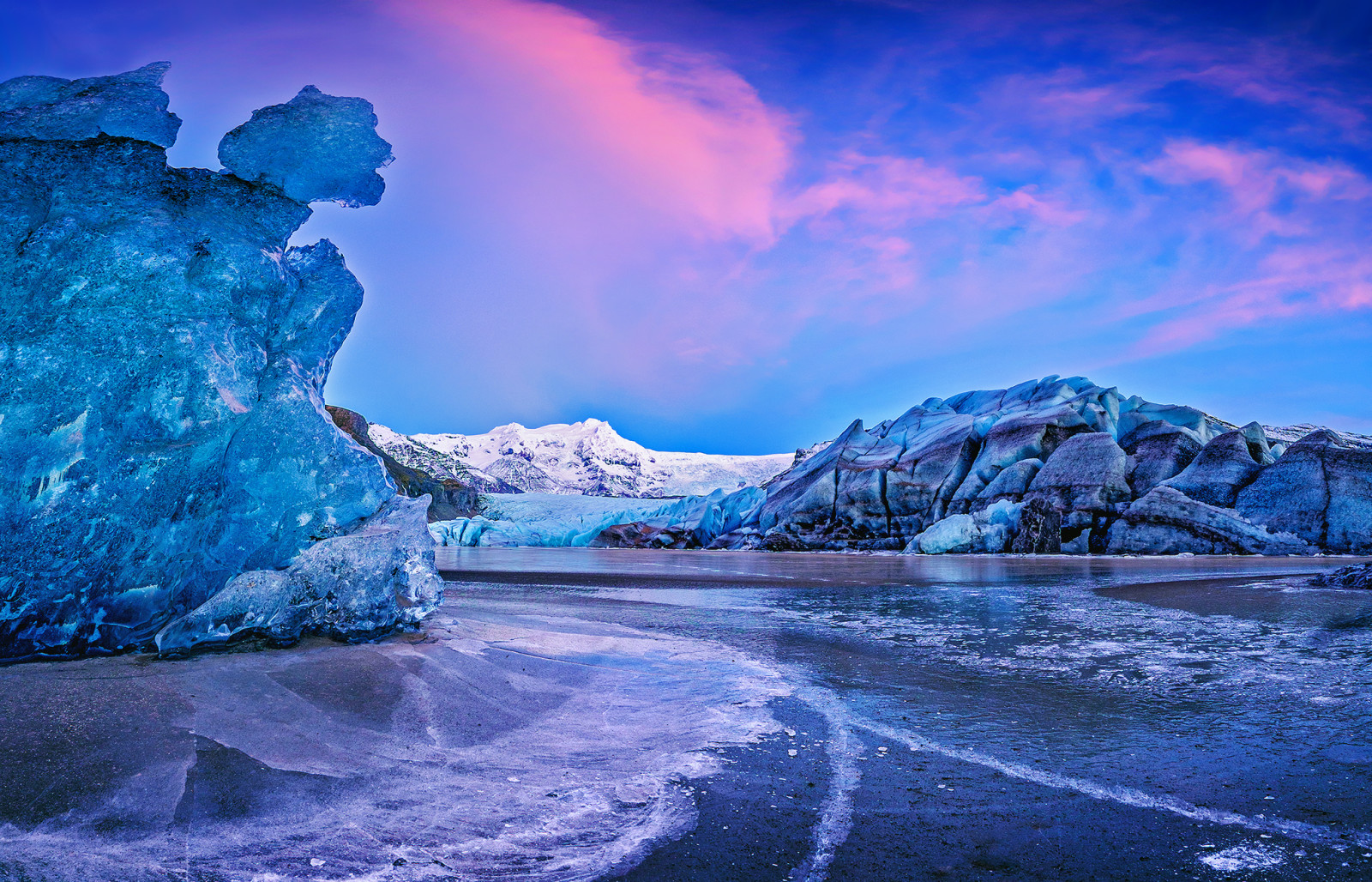 日落, 冰, 山脉, 水, 冰岛, Auster-Skaftafellssysla, 瓦特纳冰川（Vatnajökull）冰川, 瓦特纳约库尔