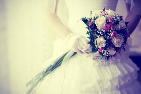 バックグラウンド, 花束, ドレス, 手, 花嫁, 白い