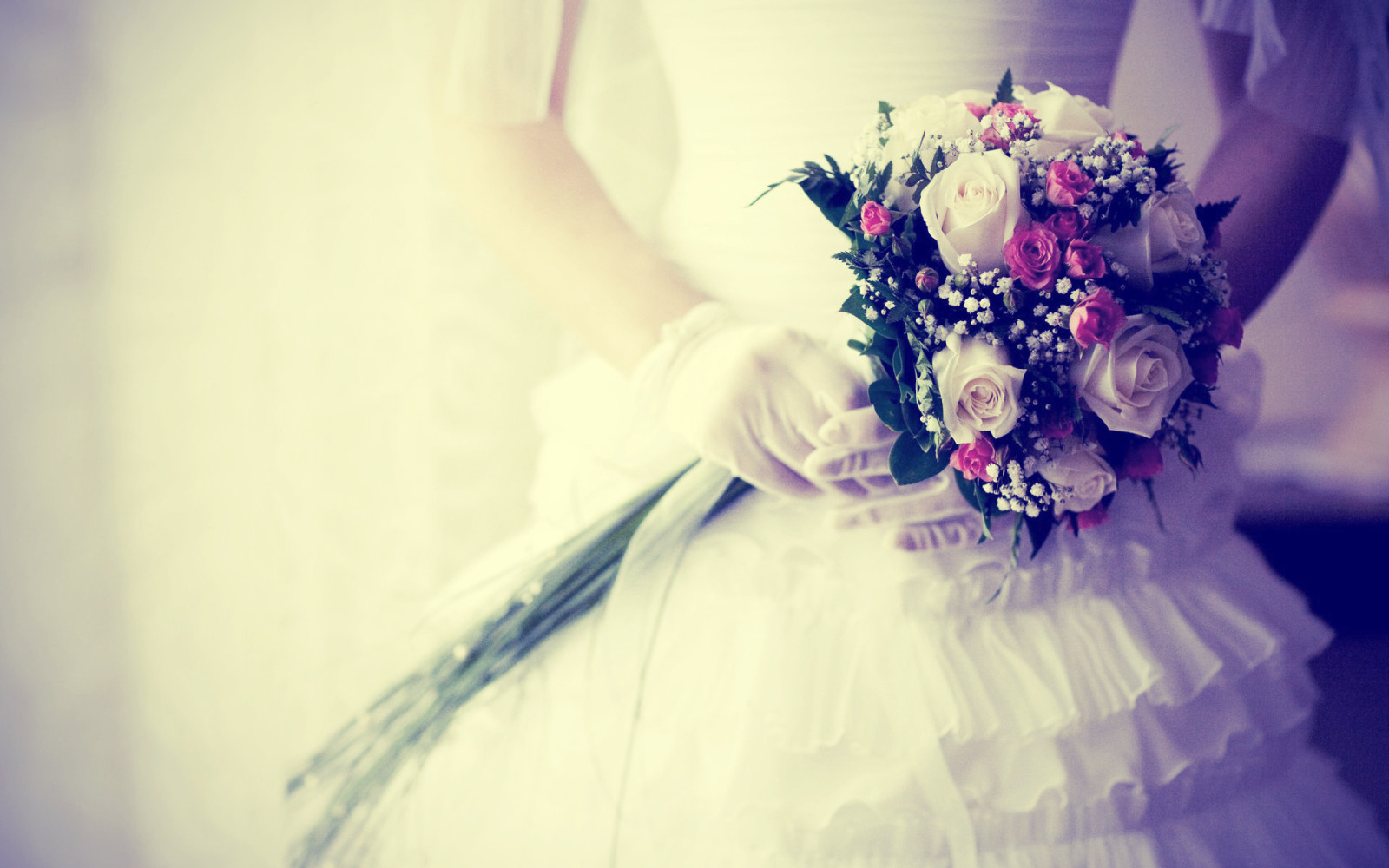 バックグラウンド, 手, 白い, 花束, ドレス, 花嫁