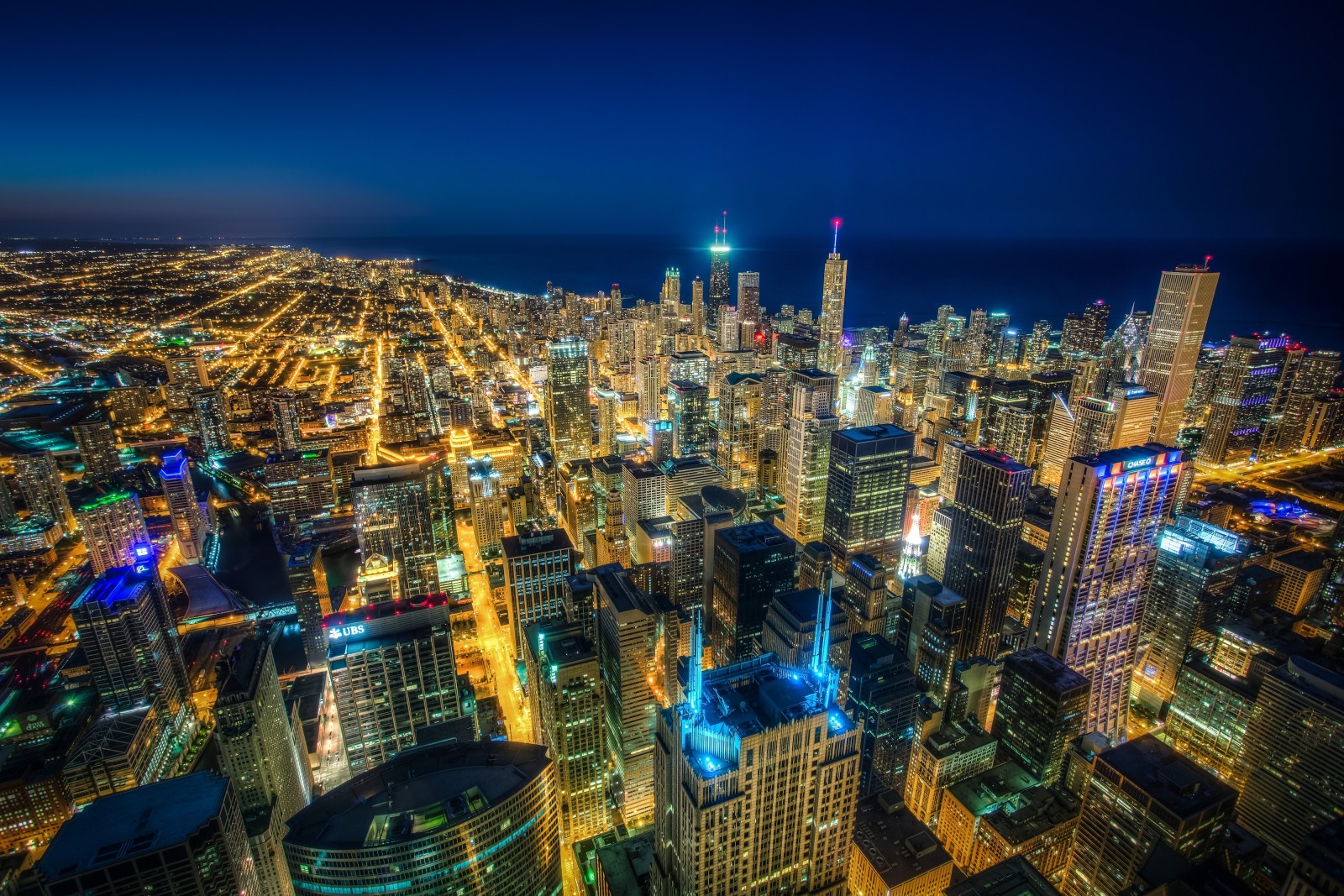 Thành phố đêm, tòa nhà chọc trời, bức tranh toàn cảnh, xây dựng, Chicago, khu dân cư, Il, Illinois