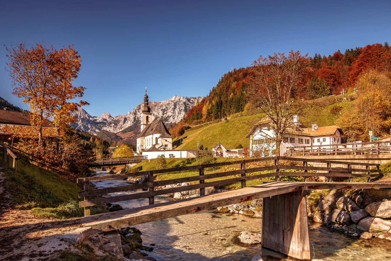 musim gugur, rumah, sungai, pohon, gunung, Jerman, Bayern, Jembatan