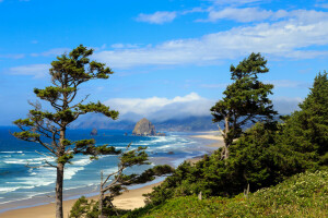 bờ biển, những đám mây, bờ biển, Oregon, đá ngầm, cát, biển, đá