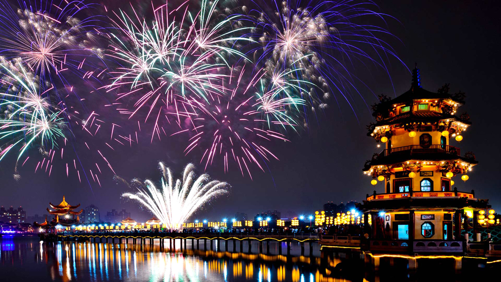 Năm mới, Đài Loan, bắn pháo hoa, chào nghiêm, Cao Hùng, Hồ sen
