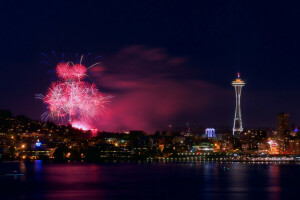 kembang api, 4 Juli, lampu, malam, panorama, Seattle, kota