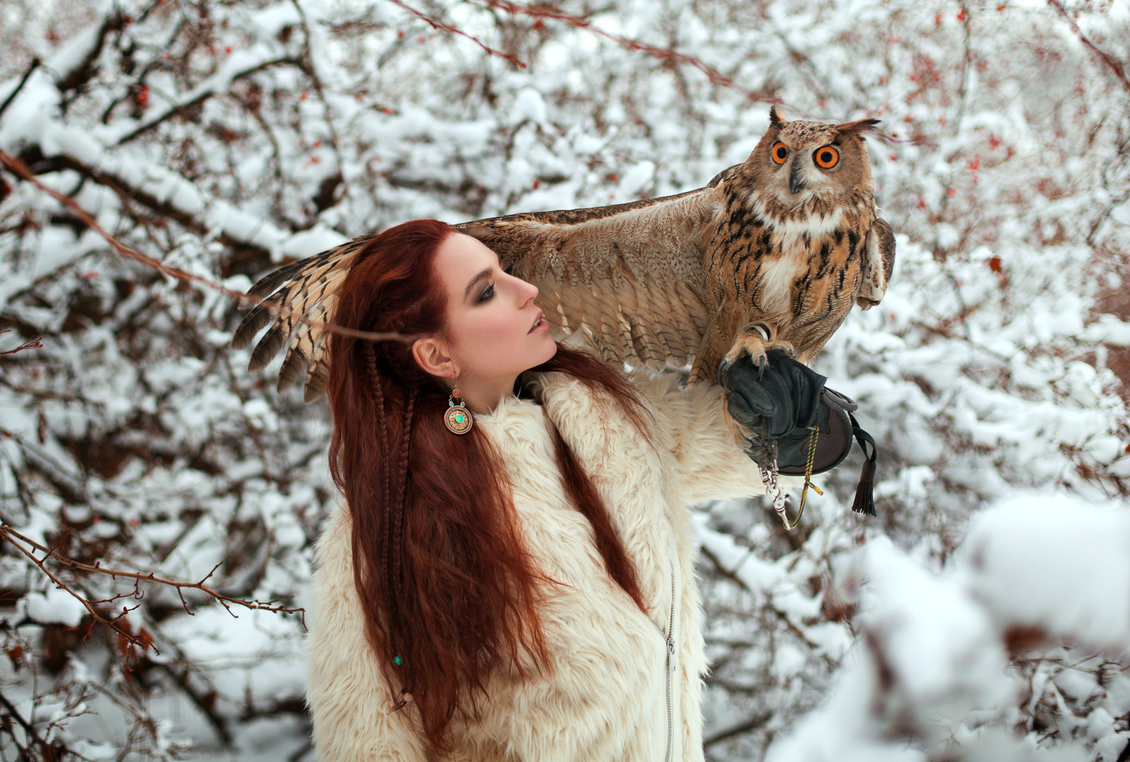 女孩, 冬季, 辫子, 红色, 猫头鹰
