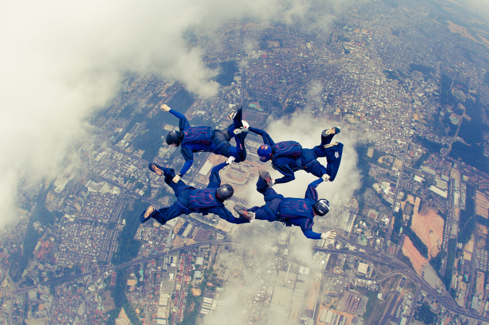 kota, awan, helm, skydivers, Parasut, terjun payung, skydiving formasi, FS 4 arah