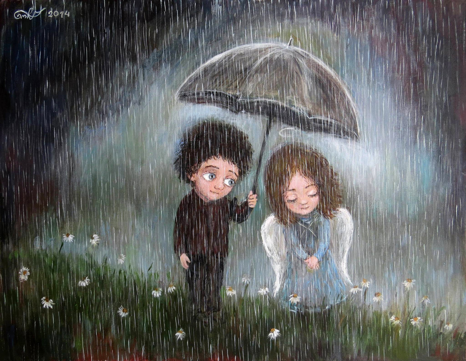 心情, 女孩, 艺术, 对, 雨, 男孩, 雨伞, 感觉