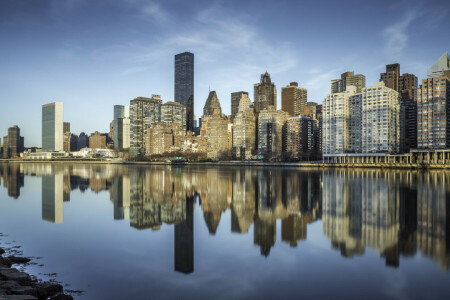 建物, イーストリバー, ニューヨーク, ニューヨーク市, 反射, ルーズベルト島, 超高層ビル, 海峡