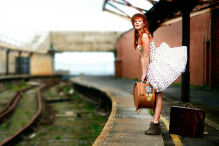 드레스, 소녀, 울타리, 여행 가방, 플랫폼, 바람