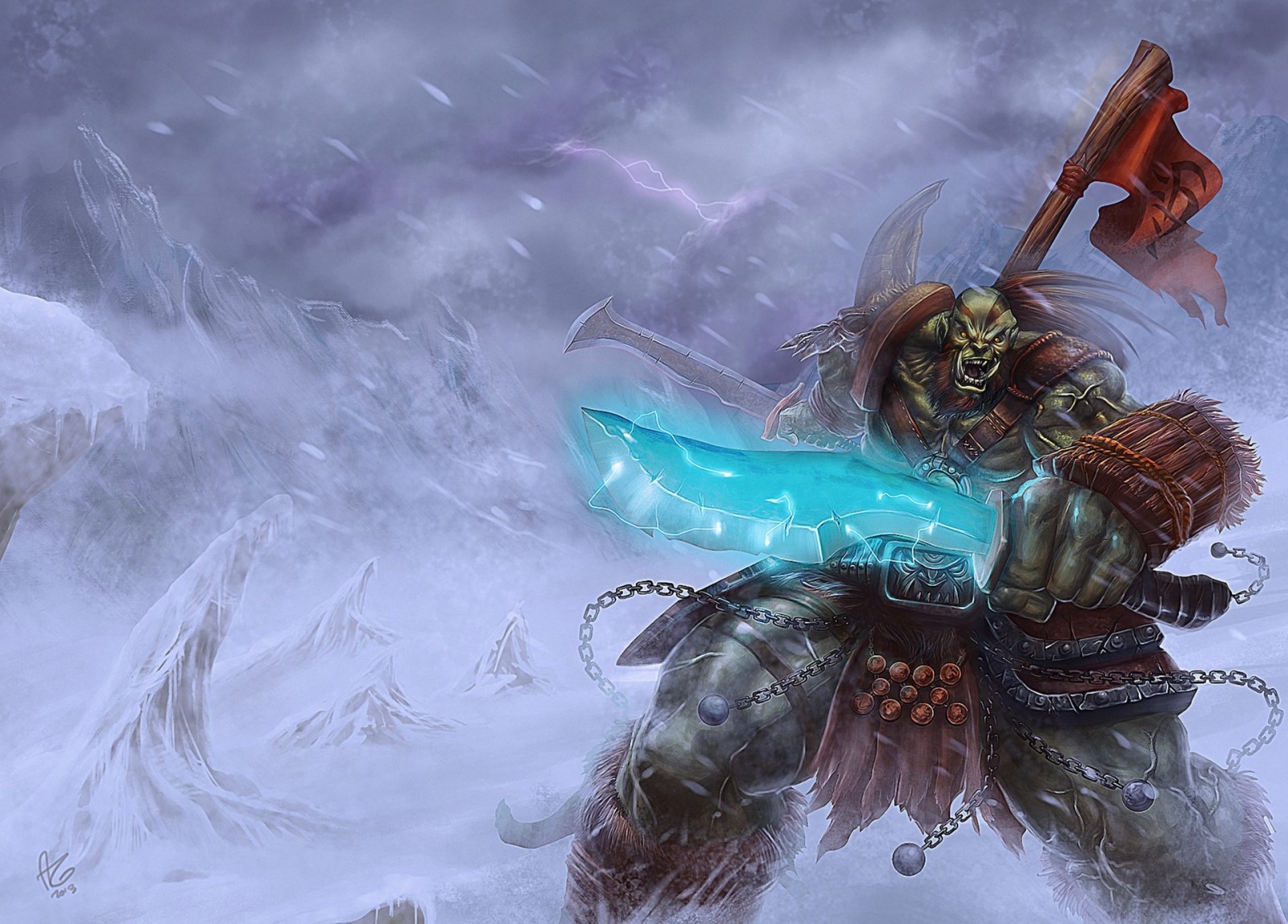 หิมะ, ดาบ, World of Warcraft, Orc, ธง, ผี, ว้าว