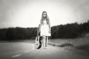 女の子, ギター, 道路