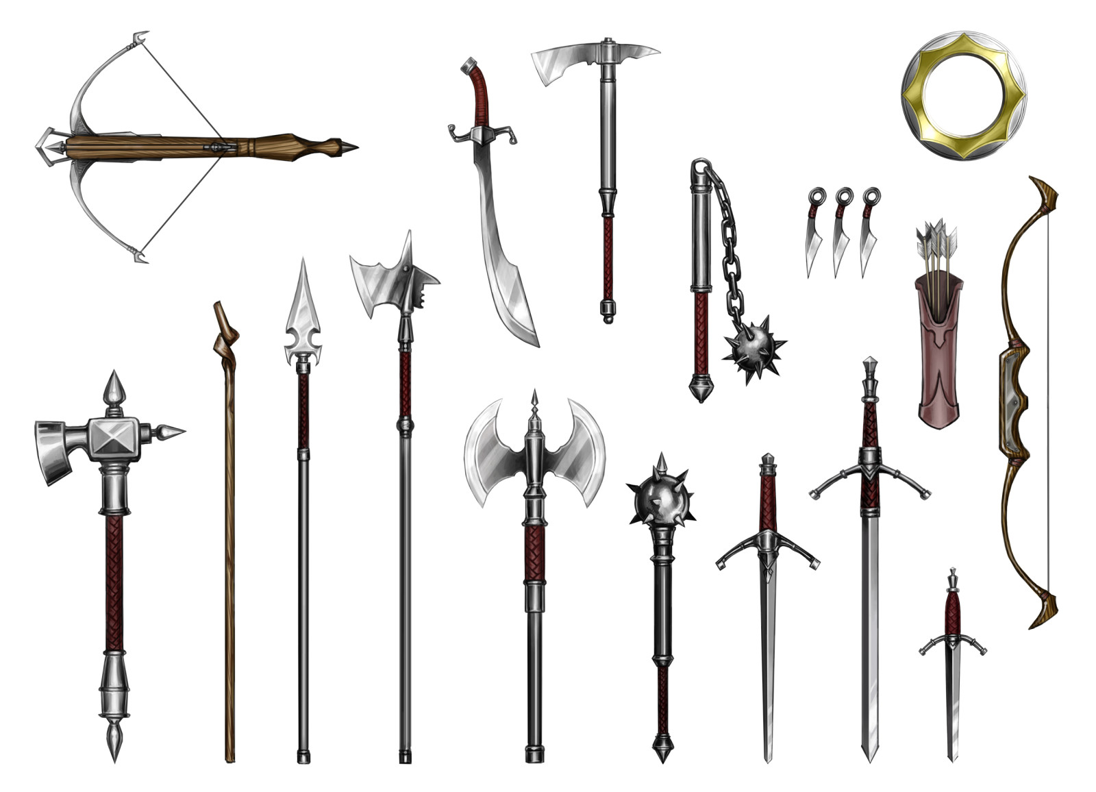 tombak, Gemetar, Busur silang, bunga pala, tombak, memukul, pedang panjang, pedang lengkung