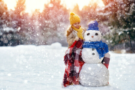 아이, 소녀, 모자, 격자 무늬, 스카프, 눈사람, 겨울