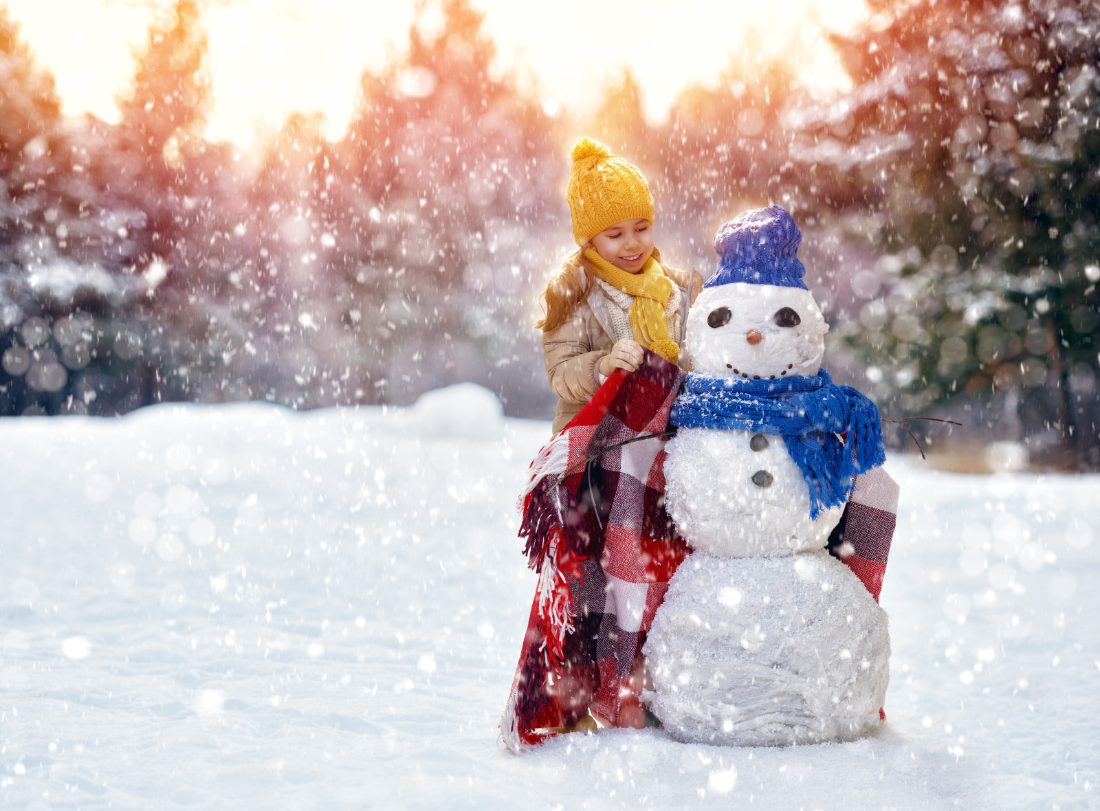 소녀, 겨울, 모자, 스카프, 눈사람, 아이, 격자 무늬