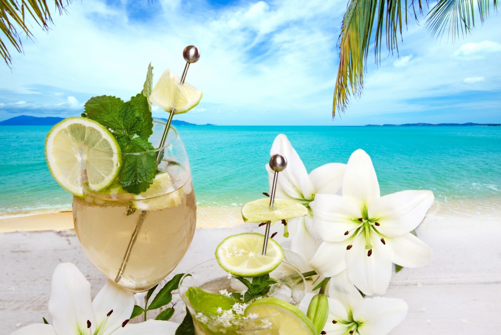 musim panas, pantai, bunga-bunga, segar, koktail, minum, buah, tropis