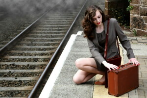 女の子, 鉄道, スーツケース
