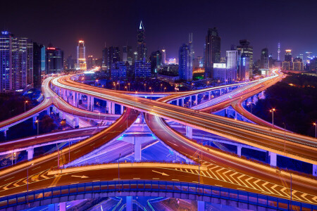 橋, 中国, 抜粋, 光, ライト, 夜, 道路, 上海