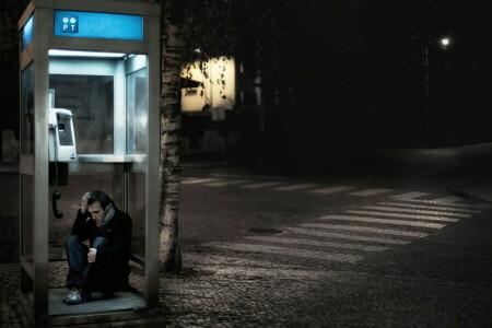 夜, 公衆電話ボックス, 都市, トラブル