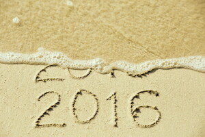 2016年, ビーチ, フィギュア, ハッピー, 新年, 砂, 海