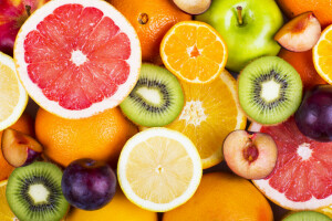 りんご, ベリー類, 新鮮な, フルーツ, 果物, グレープフルーツ, キウイ, オレンジ