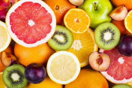 사과, 장과, 신선한, 과일, 과일, 그레이프 프루트, 키위, 오렌지