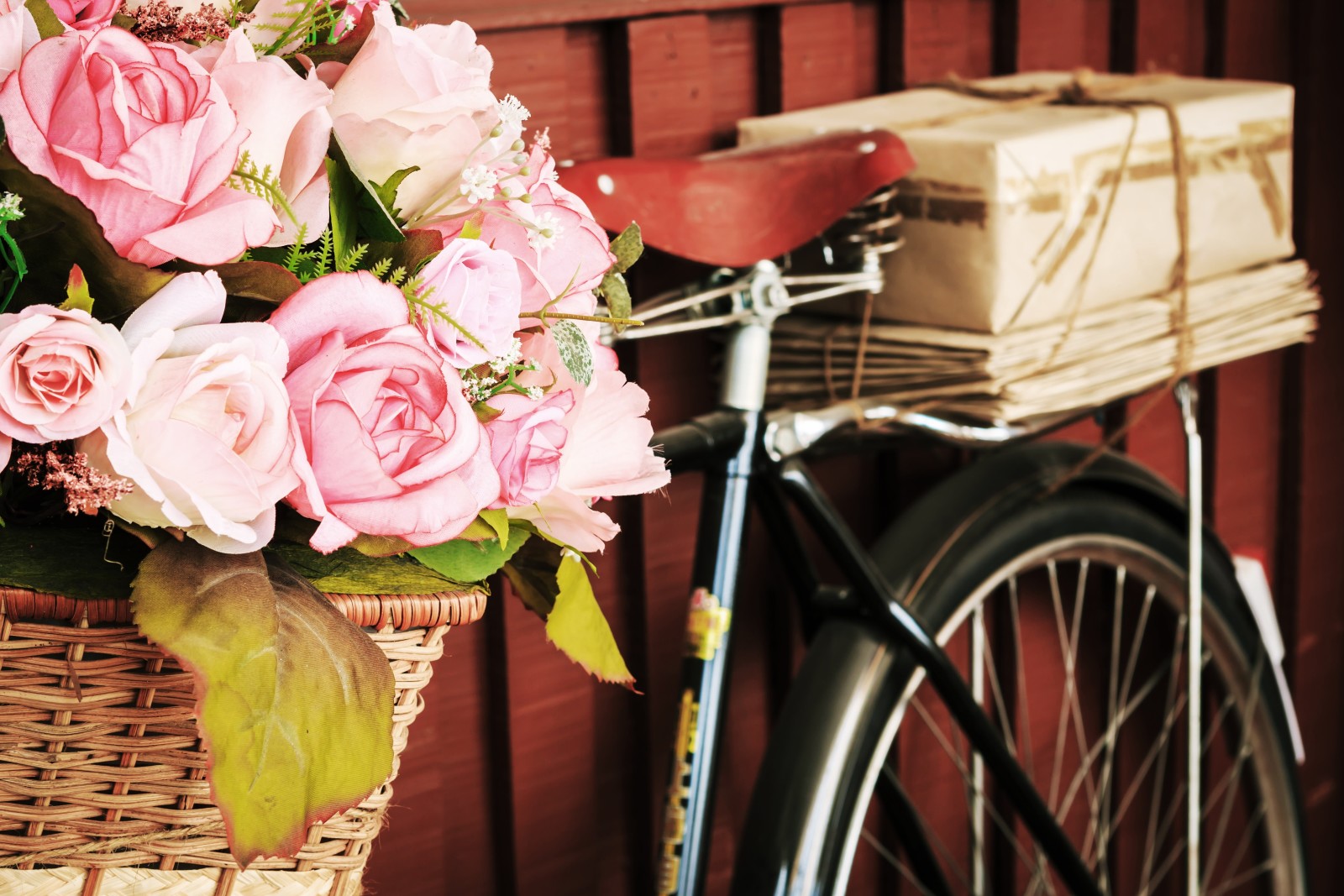 mawar, bunga-bunga, buket, retro, sepeda, bunga