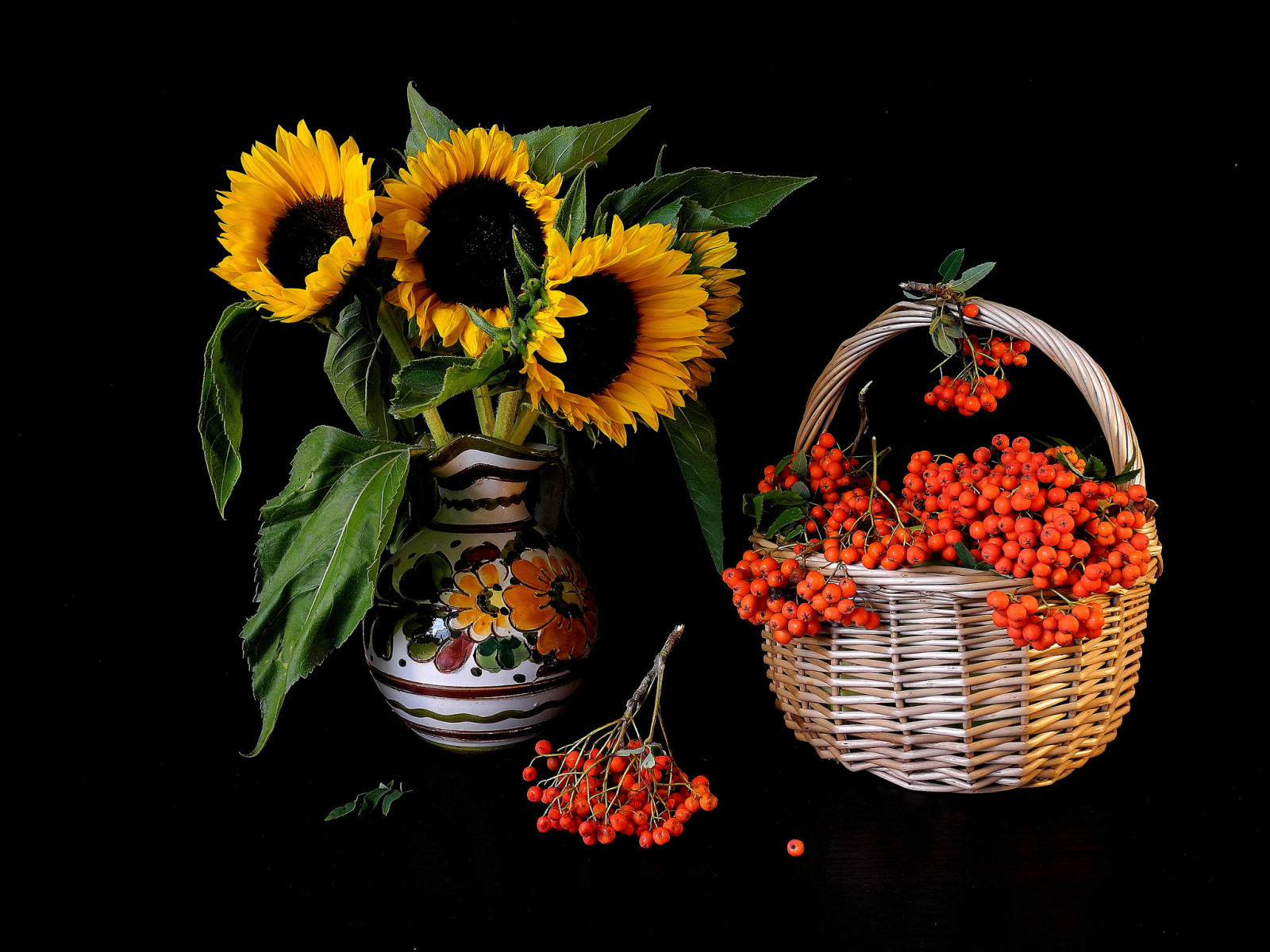 花卉, 花瓶, 篮, 罗文, 向日葵