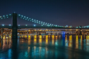 橋, ブルックリン, ライト, マンハッタン, ニューヨーク市, 夜, 都市, ウィリアムズバーグ橋