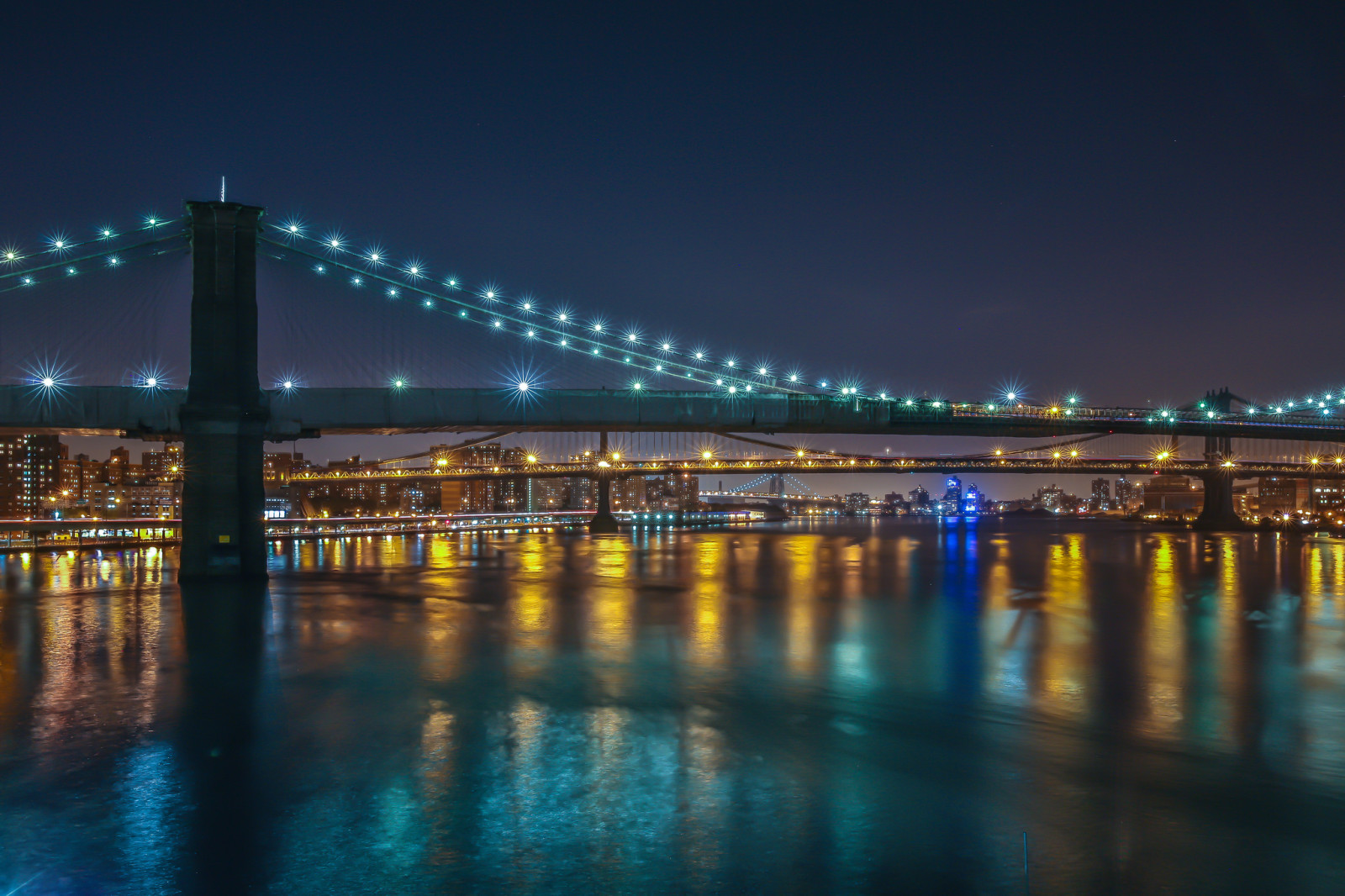 城市, 灯, 晚, 桥梁, 曼哈顿, 纽约市, 布鲁克林区, 威廉斯堡桥梁