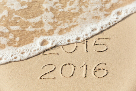 2016年, ビーチ, フィギュア, ハッピー, 新年, 砂, 海