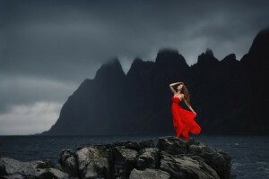 suasana hati, gaun merah, batu, Laut