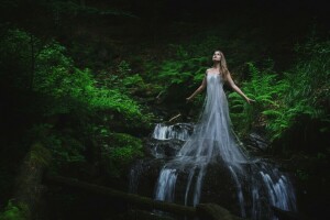 숲, 소녀, 흐름, 물