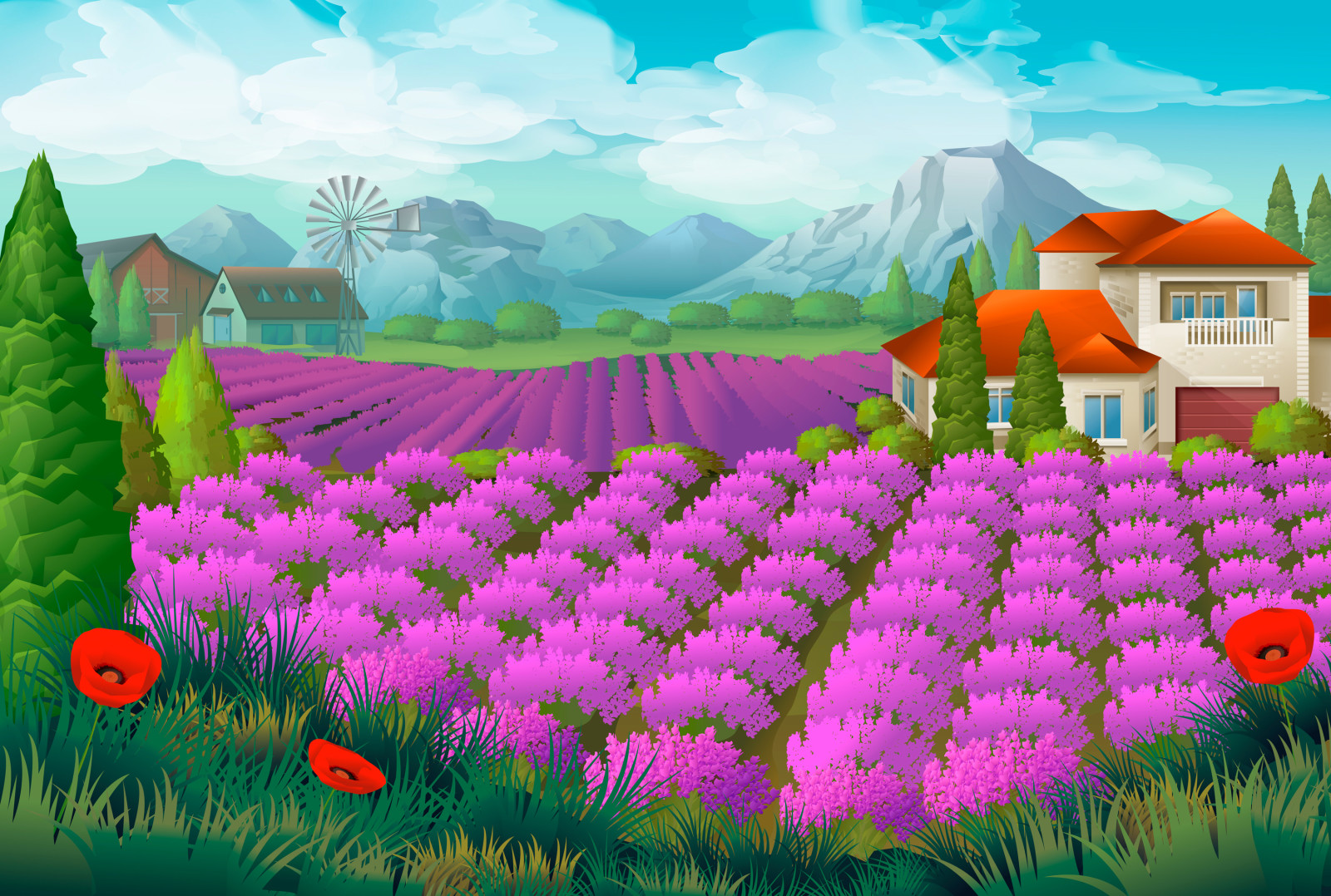 rumah, pemandangan, bidang, lavender, gunung, Maki