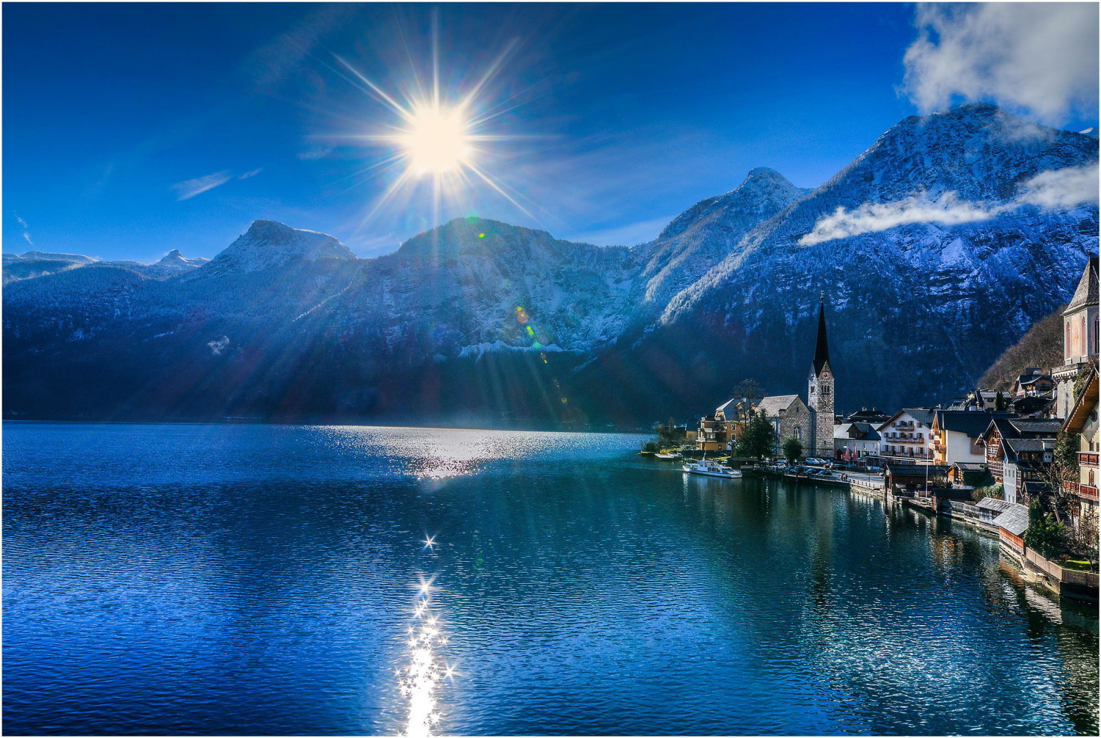 kota, danau, gunung, Austria, pegunungan Alpen, Hallstatt, kotamadya