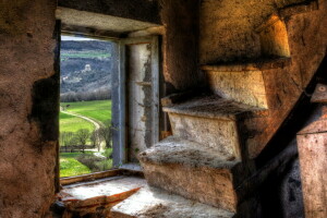 tangga, melihat, jendela