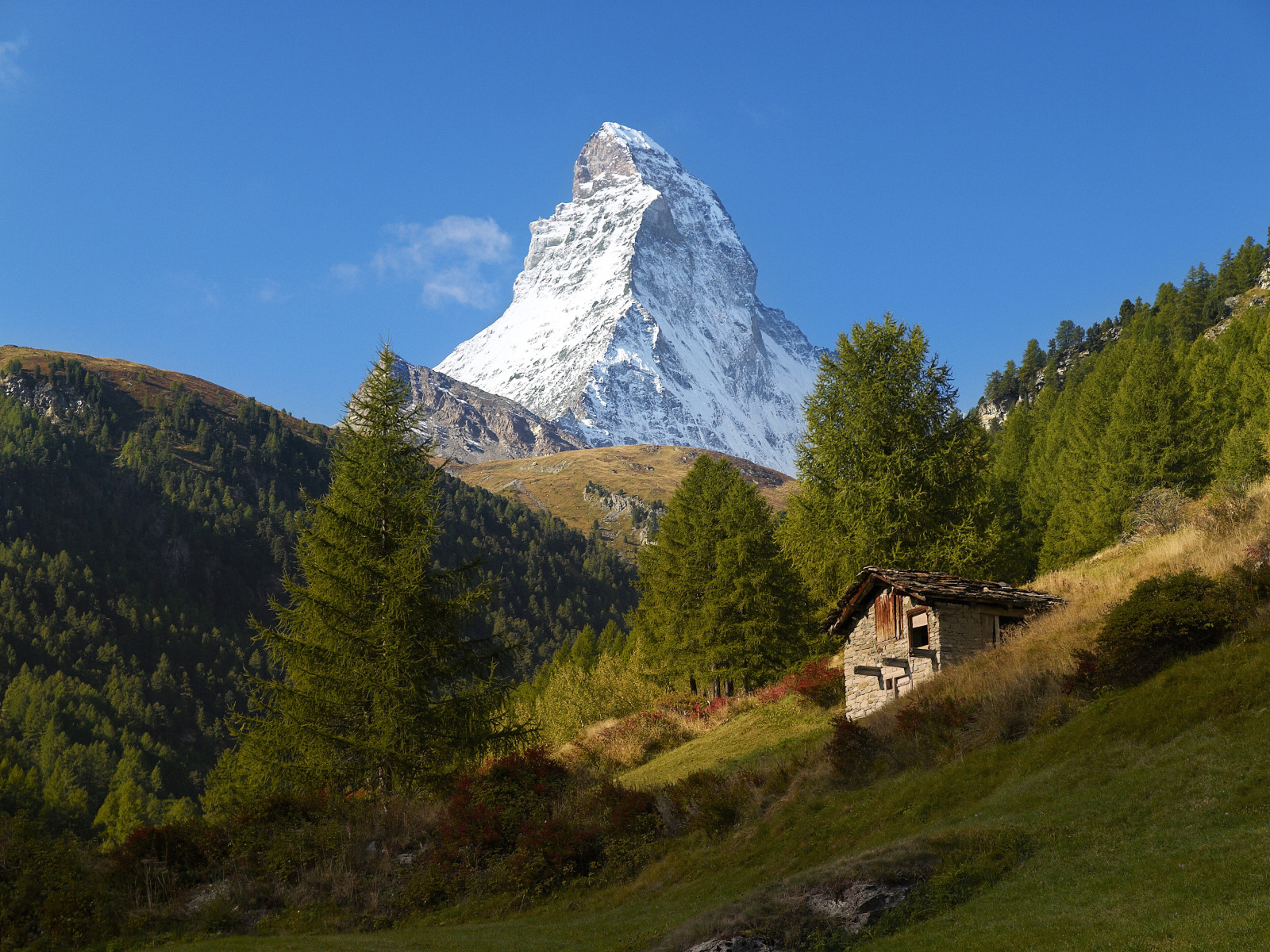 biru, langit, rumah, Swiss, Matterhorn, pohon, gunung, pegunungan Alpen