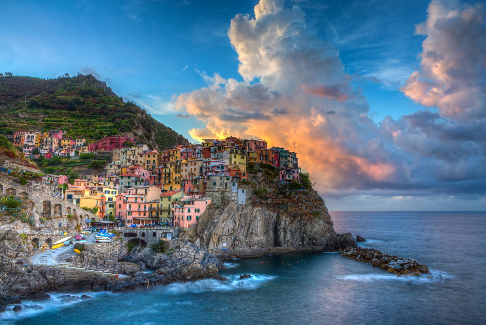 phong cảnh, biển, những đám mây, Nước Ý, xây dựng, đá, bờ biển, Cinque Terre